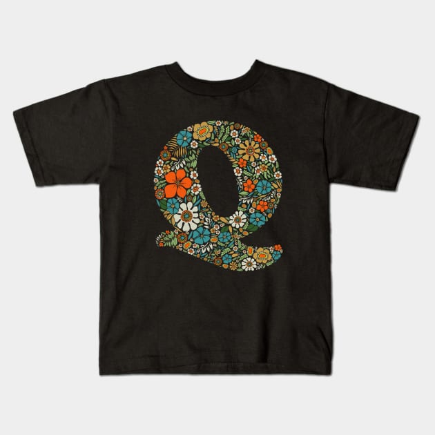 Hippie Floral Letter Q Kids T-Shirt by zeljkica